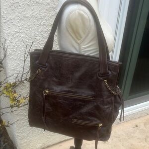 Foley + Corinna Brown Distressed Leather Purse with Antique Bronze Chain Detail